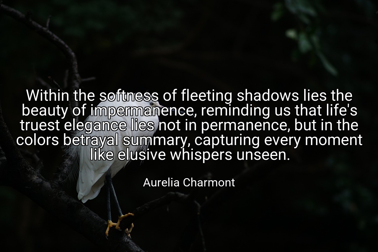 Within the softness of fleeting shadows lies the beauty of impermanence, reminding us that life's truest elegance lies not in permanence, but in the colors betrayal summary, capturing every moment like elusive whispers unseen. - Aurelia Charmont