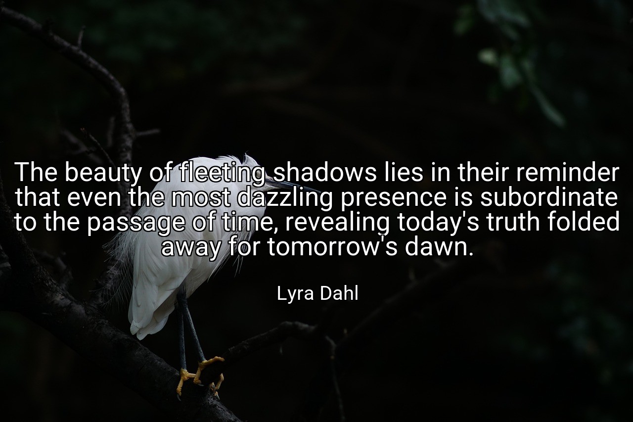 The beauty of fleeting shadows lies in their reminder that even the most dazzling presence is subordinate to the passage of time, revealing today's truth folded away for tomorrow's dawn. - Lyra Dahl