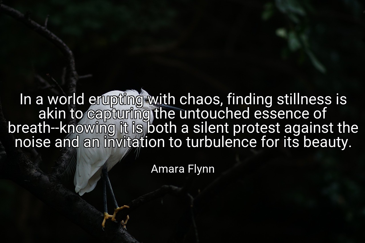 In a world erupting with chaos, finding stillness is akin to capturing the untouched essence of breath--knowing it is both a silent protest against the noise and an invitation to turbulence for its beauty. - Amara Flynn