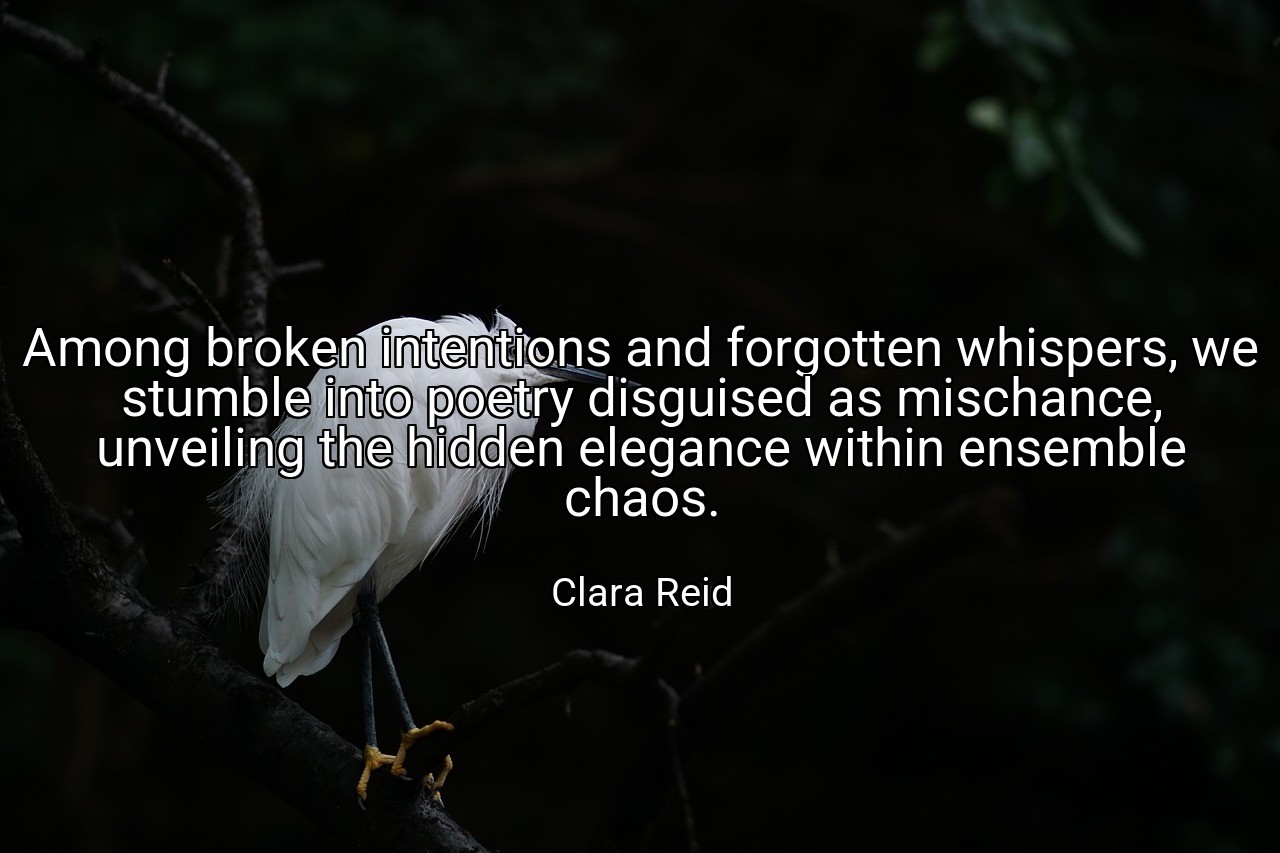 Among broken intentions and forgotten whispers, we stumble into poetry disguised as mischance, unveiling the hidden elegance within ensemble chaos. - Clara Reid