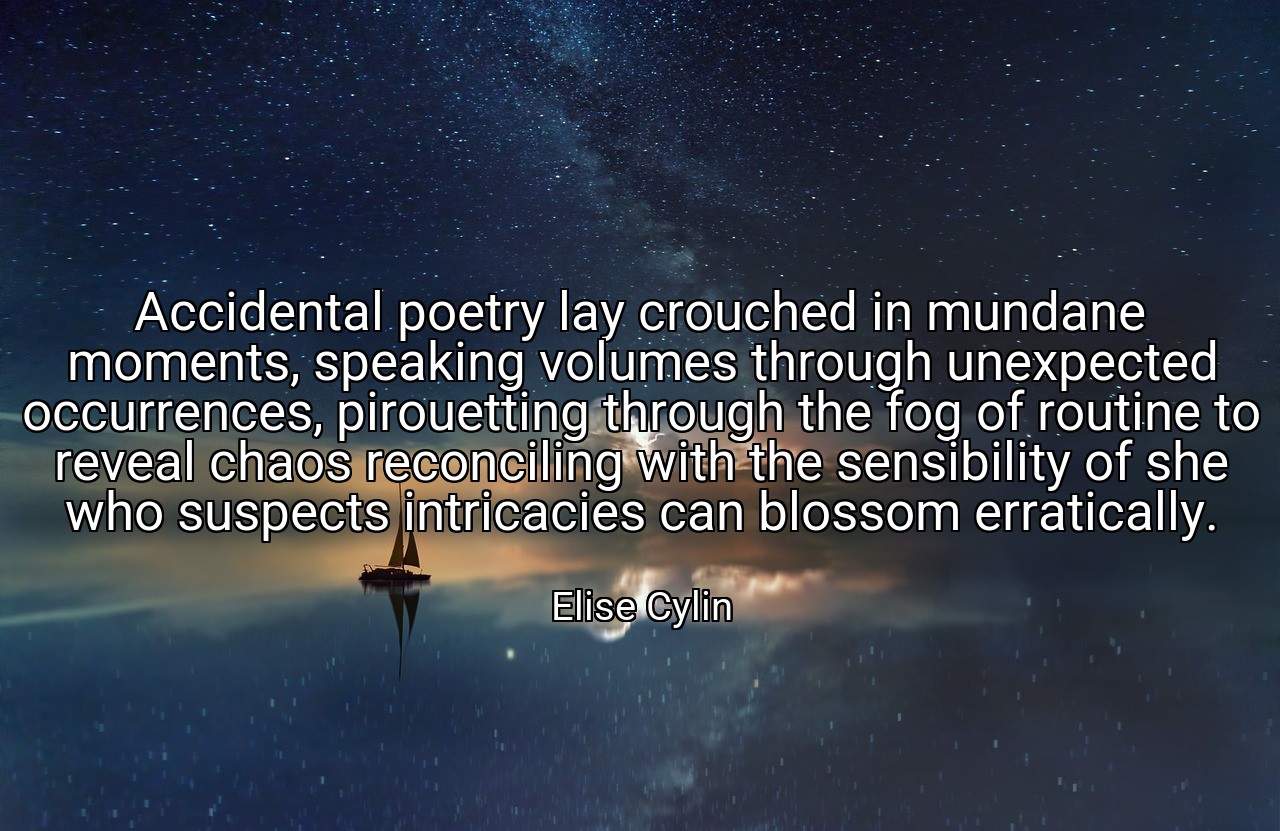 Accidental poetry lay crouched in mundane moments, speaking volumes through unexpected occurrences, pirouetting through the fog of routine to reveal chaos reconciling with the sensibility of she who suspects intricacies can blossom erratically. - Elise Cylin
