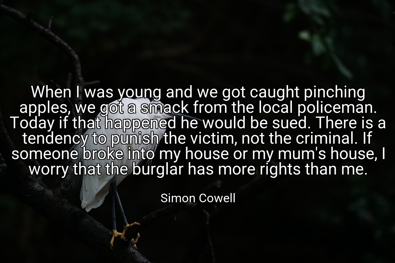 When I was young and we got caught pinching apples, we got a smack from the local policeman. Today if that happened he would be sued. There is a tendency to punish the victim, not the criminal. If someone broke into my house or my mum's house, I worry that the burglar has more rights than me. - Simon Cowell