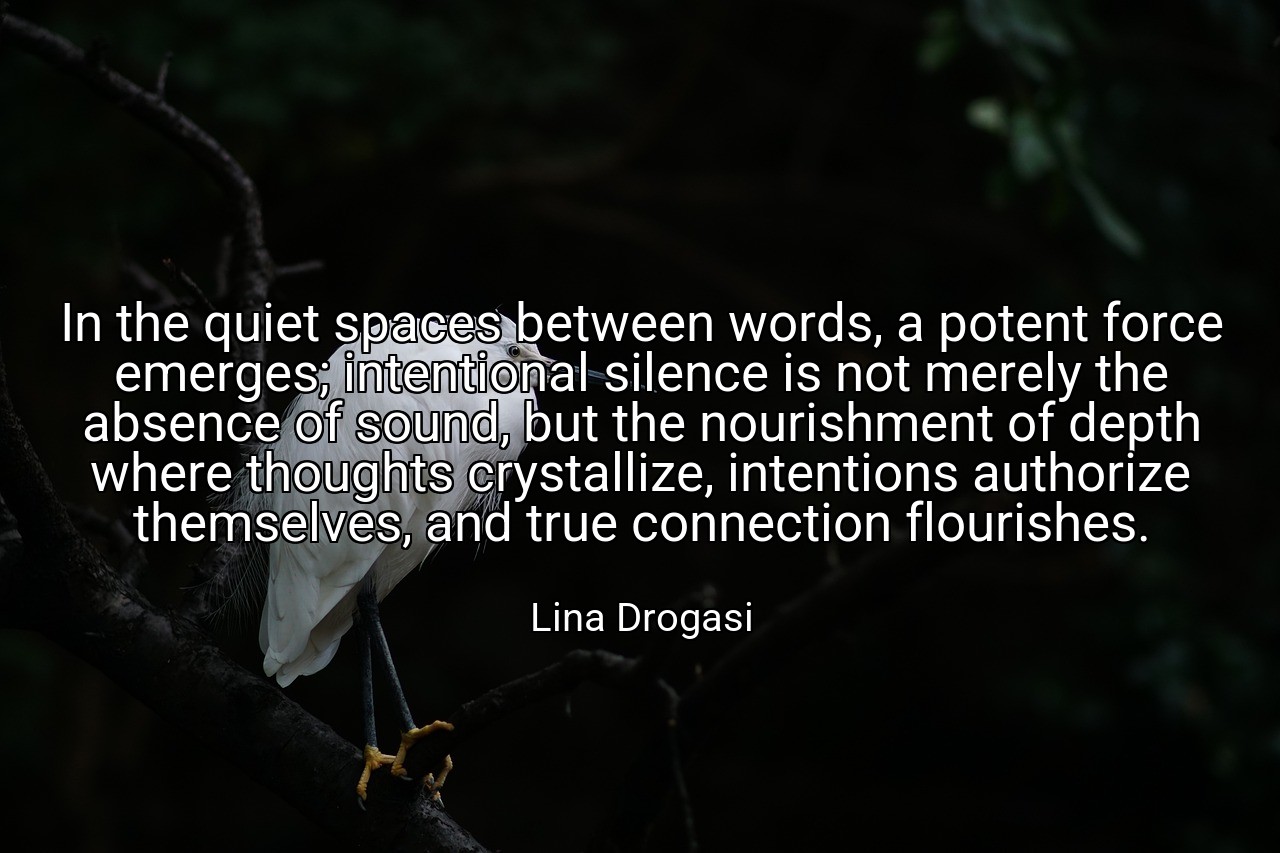 In the quiet spaces between words, a potent force emerges; intentional silence is not merely the absence of sound, but the nourishment of depth where thoughts crystallize, intentions authorize themselves, and true connection flourishes. - Lina Drogasi