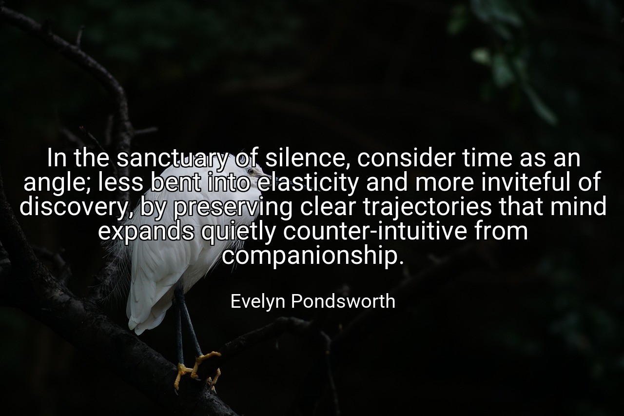 In the sanctuary of silence, consider time as an angle; less bent into elasticity and more inviteful of discovery, by preserving clear trajectories that mind expands quietly counter-intuitive from companionship. - Evelyn Pondsworth