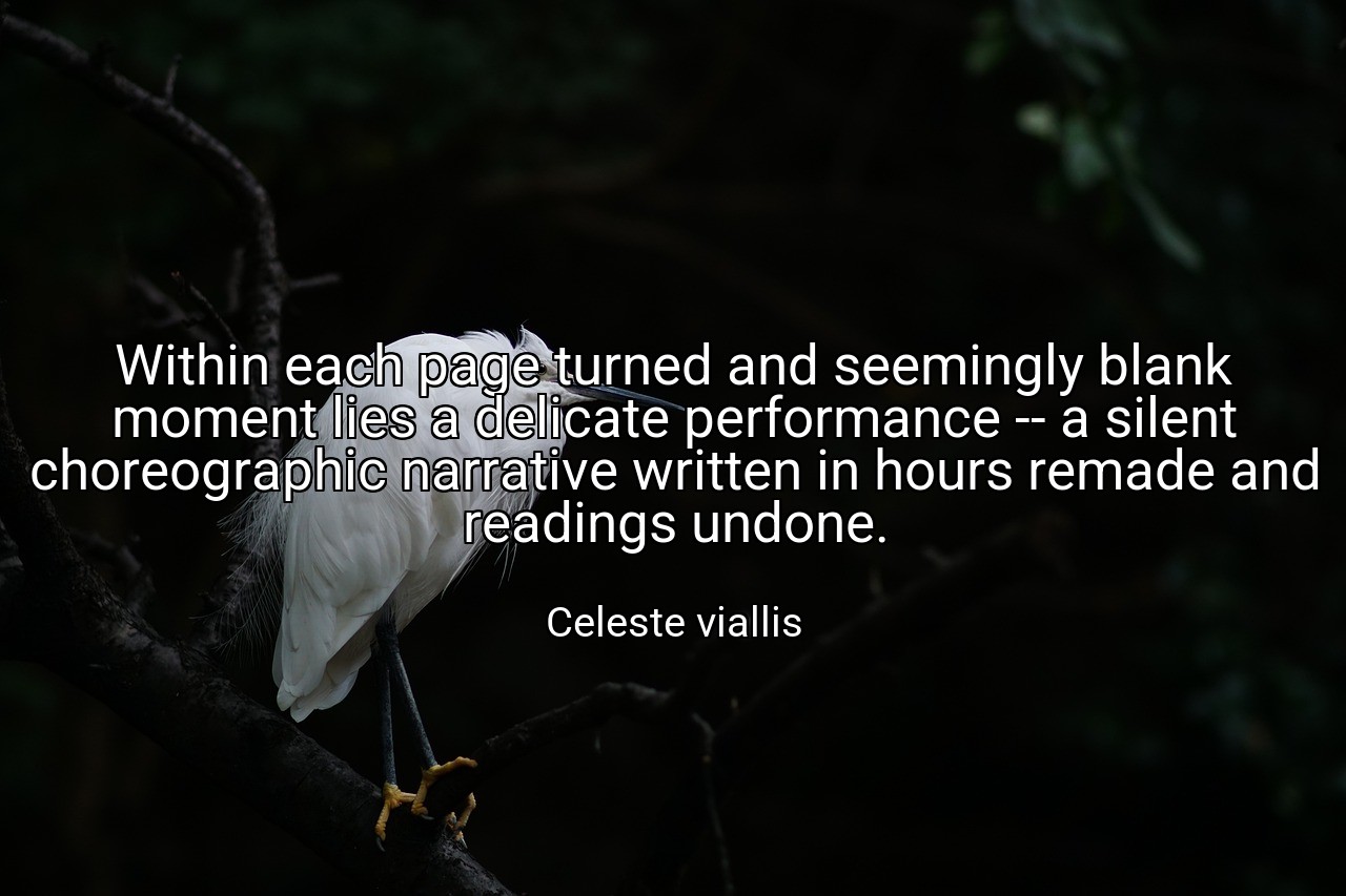 Within each page turned and seemingly blank moment lies a delicate performance -- a silent choreographic narrative written in hours remade and readings undone. - Celeste viallis