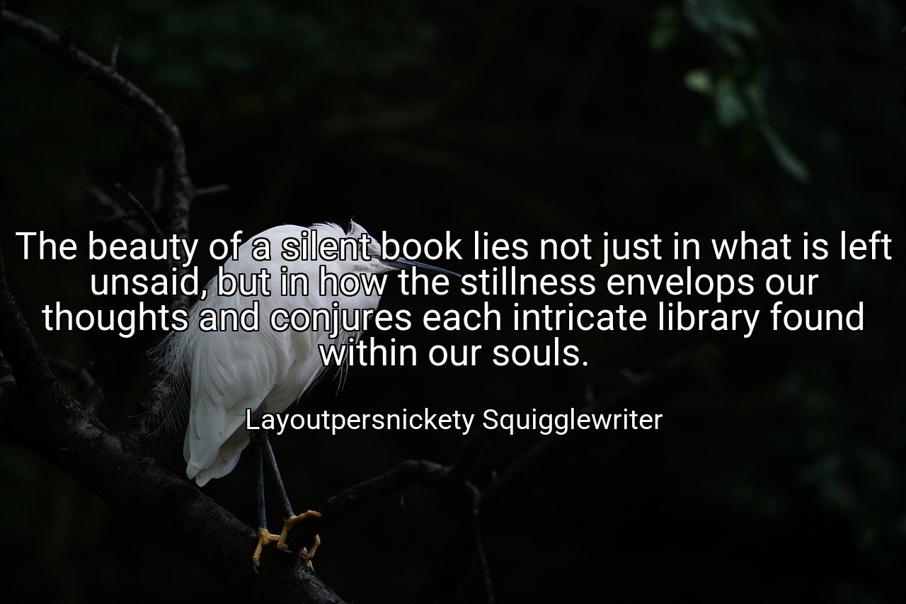 The beauty of a silent book lies not just in what is left unsaid, but in how the stillness envelops our thoughts and conjures each intricate library found within our souls. - Layoutpersnickety Squigglewriter