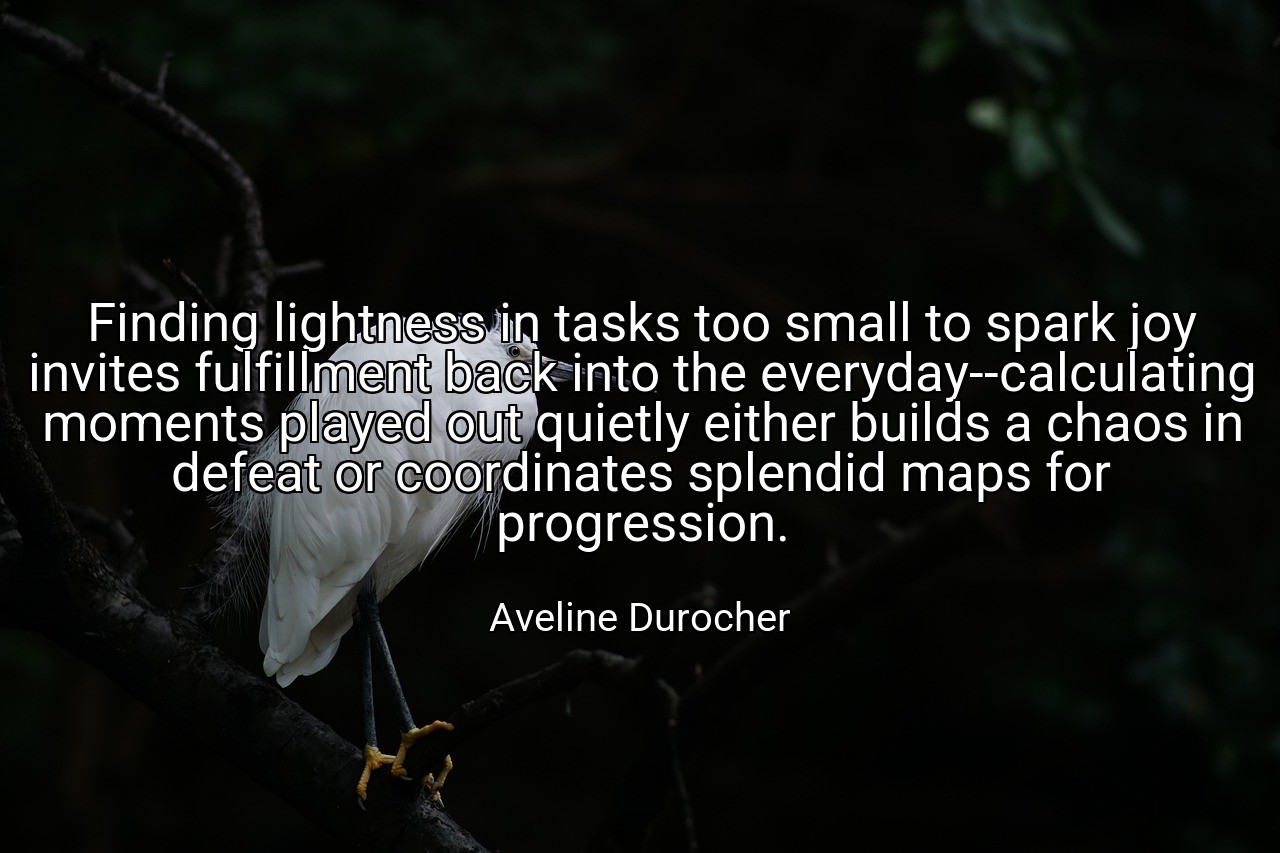 Finding lightness in tasks too small to spark joy invites fulfillment back into the everyday--calculating moments played out quietly either builds a chaos in defeat or coordinates splendid maps for progression. - Aveline Durocher