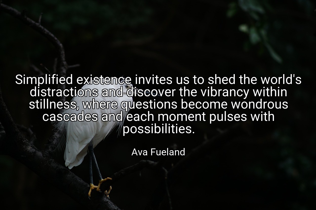 Simplified existence invites us to shed the world's distractions and discover the vibrancy within stillness, where questions become wondrous cascades and each moment pulses with possibilities. - Ava Fueland