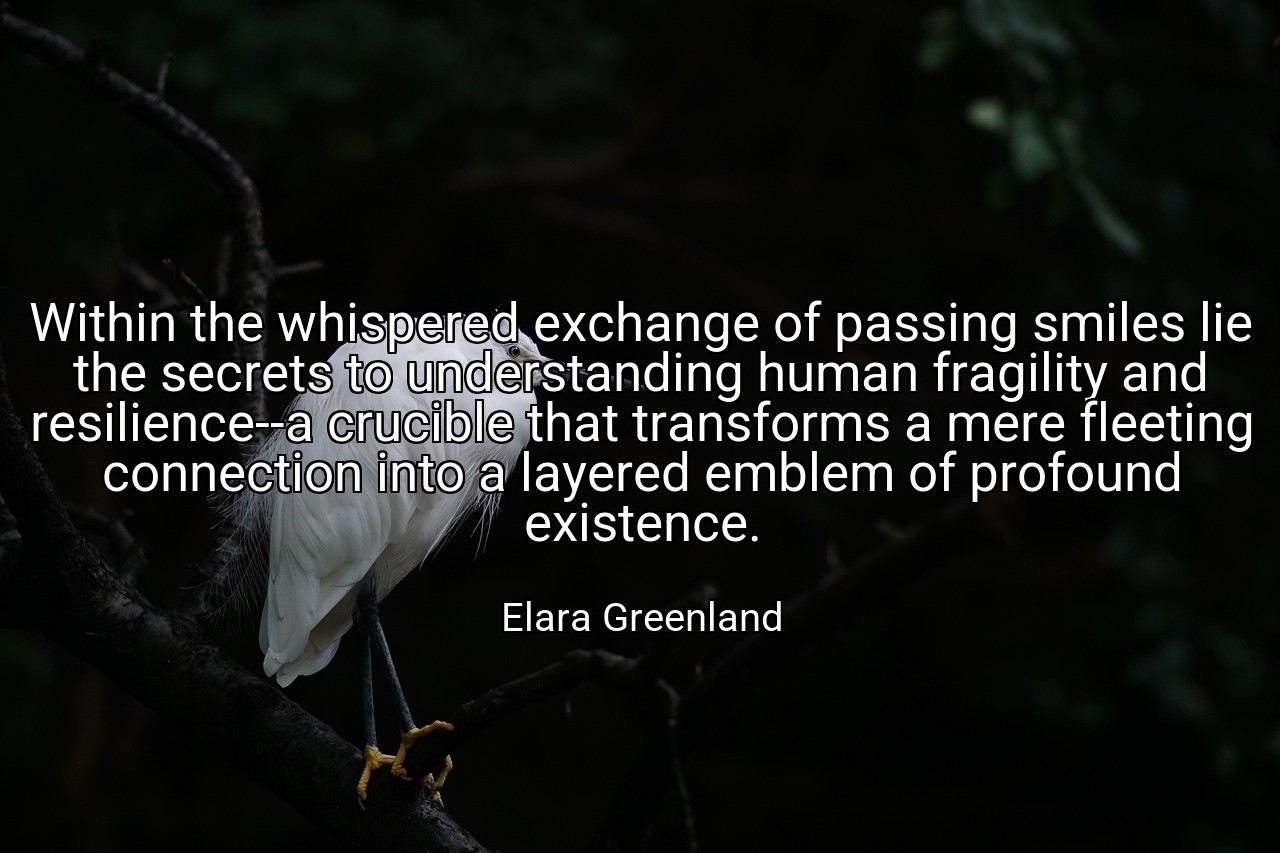 Within the whispered exchange of passing smiles lie the secrets to understanding human fragility and resilience--a crucible that transforms a mere fleeting connection into a layered emblem of profound existence. - Elara Greenland