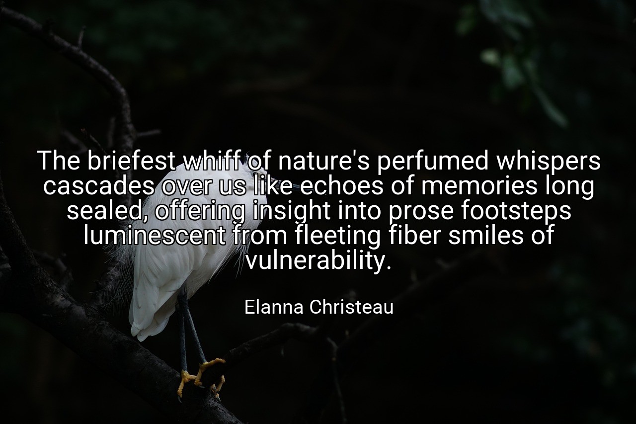 The briefest whiff of nature's perfumed whispers cascades over us like echoes of memories long sealed, offering insight into prose footsteps luminescent from fleeting fiber smiles of vulnerability. - Elanna Christeau