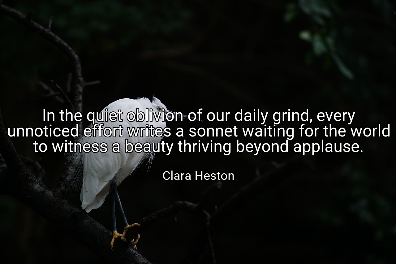In the quiet oblivion of our daily grind, every unnoticed effort writes a sonnet waiting for the world to witness a beauty thriving beyond applause. - Clara Heston