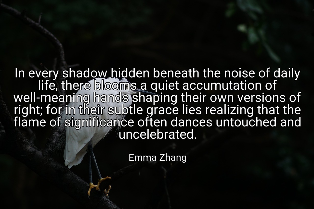 In every shadow hidden beneath the noise of daily life, there blooms a quiet accumutation of well-meaning hands shaping their own versions of right; for in their subtle grace lies realizing that the flame of significance often dances untouched and uncelebrated. - Emma Zhang