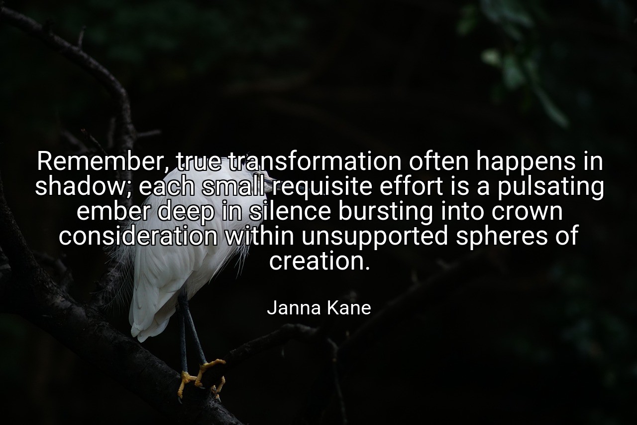 Remember, true transformation often happens in shadow; each small requisite effort is a pulsating ember deep in silence bursting into crown consideration within unsupported spheres of creation. - Janna Kane
