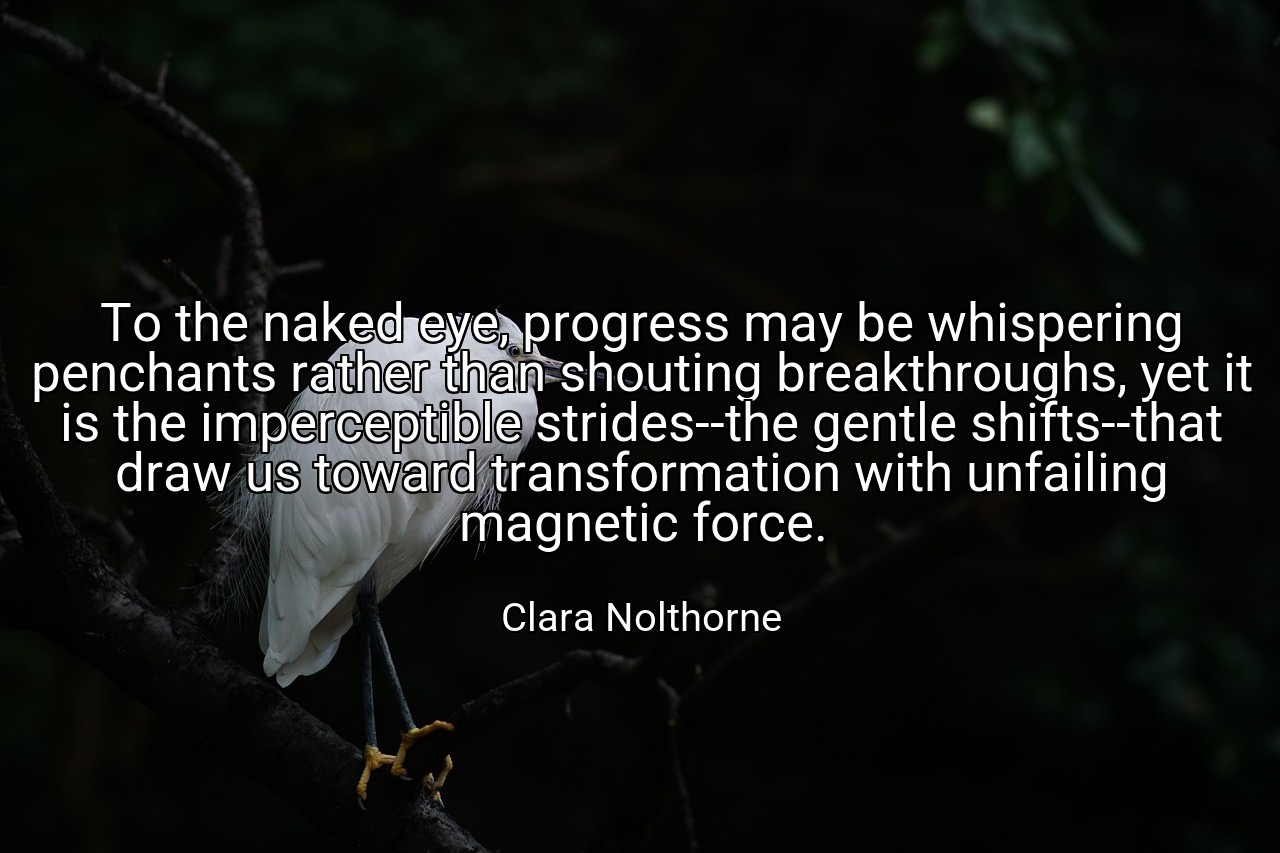 To the naked eye, progress may be whispering penchants rather than shouting breakthroughs, yet it is the imperceptible strides--the gentle shifts--that draw us toward transformation with unfailing magnetic force. - Clara Nolthorne