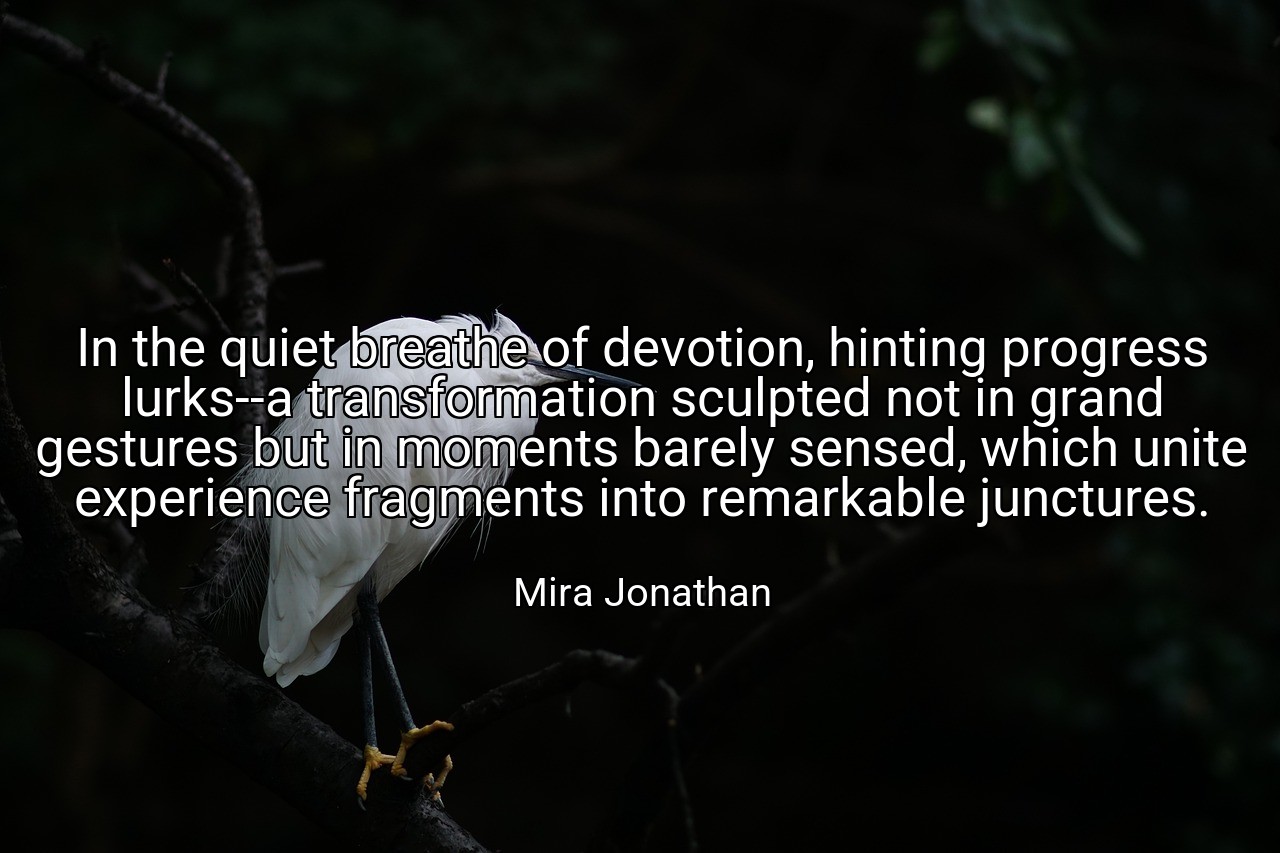 In the quiet breathe of devotion, hinting progress lurks--a transformation sculpted not in grand gestures but in moments barely sensed, which unite experience fragments into remarkable junctures. - Mira Jonathan