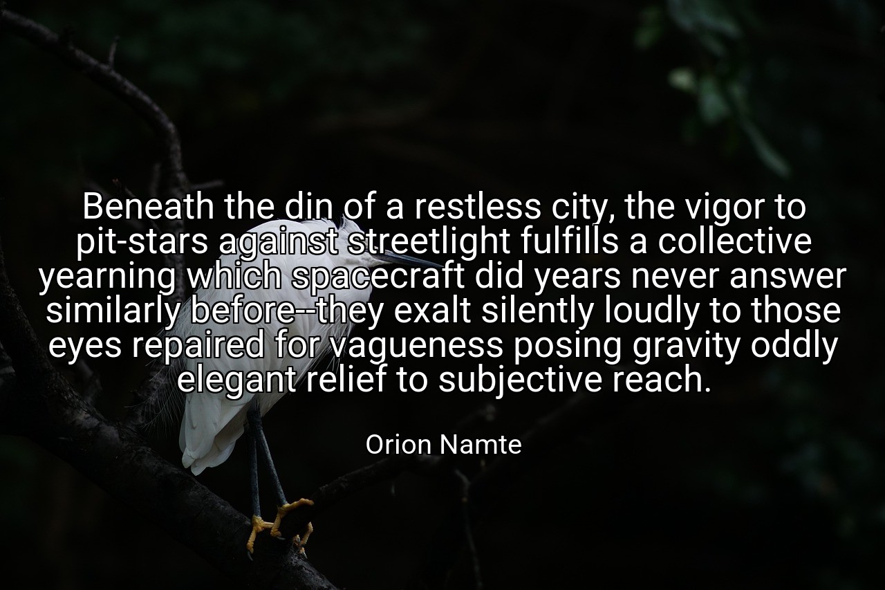 Beneath the din of a restless city, the vigor to pit-stars against streetlight fulfills a collective yearning which spacecraft did years never answer similarly before--they exalt silently loudly to those eyes repaired for vagueness posing gravity oddly elegant relief to subjective reach. - Orion Namte