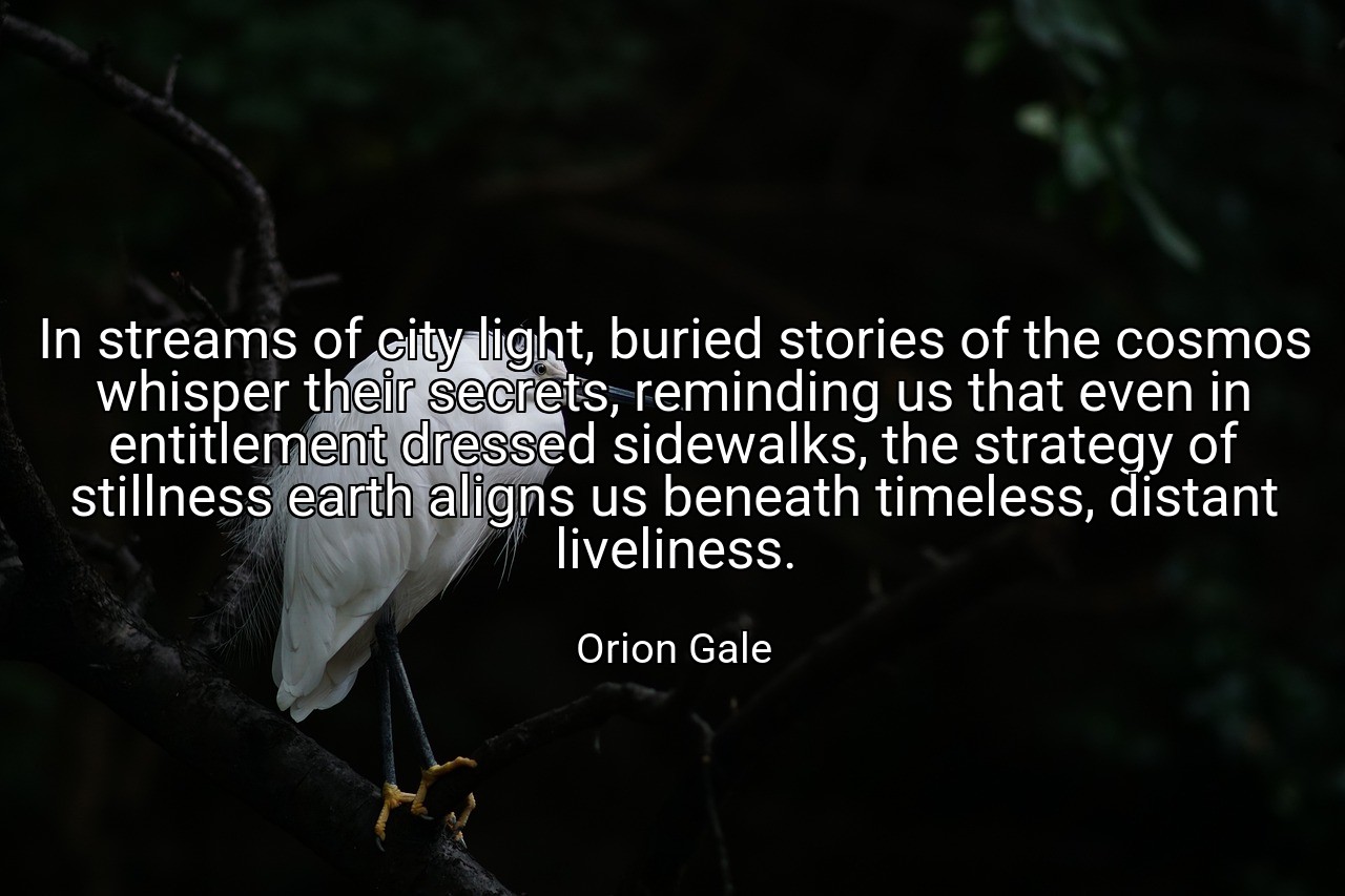 In streams of city light, buried stories of the cosmos whisper their secrets, reminding us that even in entitlement dressed sidewalks, the strategy of stillness earth aligns us beneath timeless, distant liveliness. - Orion Gale