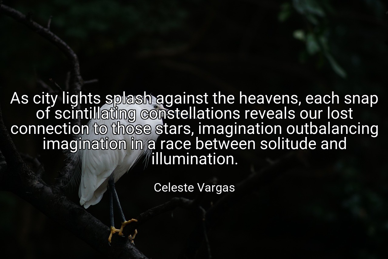 As city lights splash against the heavens, each snap of scintillating constellations reveals our lost connection to those stars, imagination outbalancing imagination in a race between solitude and illumination. - Celeste Vargas