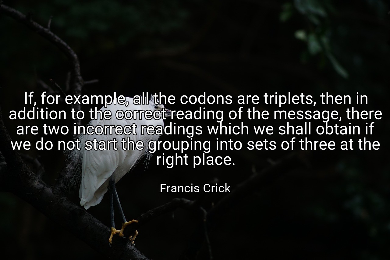 If, for example, all the codons are triplets, then in addition to the correct reading of the message, there are two incorrect readings which we shall obtain if we do not start the grouping into sets of three at the right place. - Francis Crick