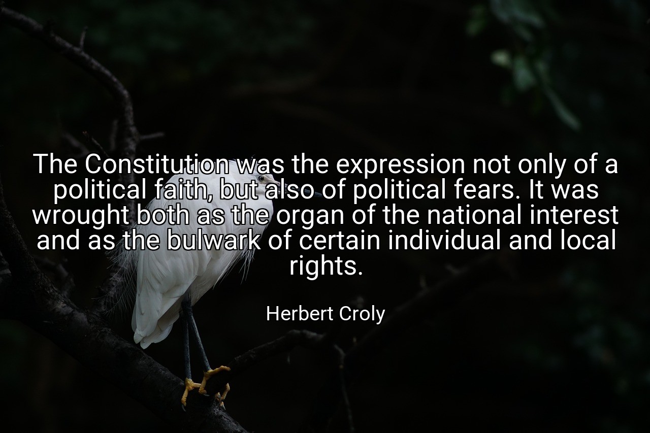 The Constitution was the expression not only of a political faith, but also of political fears. It was wrought both as the organ of the national interest and as the bulwark of certain individual and local rights. - Herbert Croly