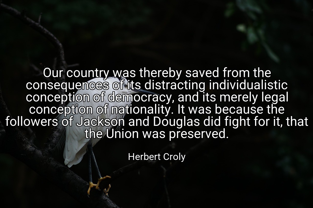 Our country was thereby saved from the consequences of its distracting individualistic conception of democracy, and its merely legal conception of nationality. It was because the followers of Jackson and Douglas did fight for it, that the Union was preserved. - Herbert Croly