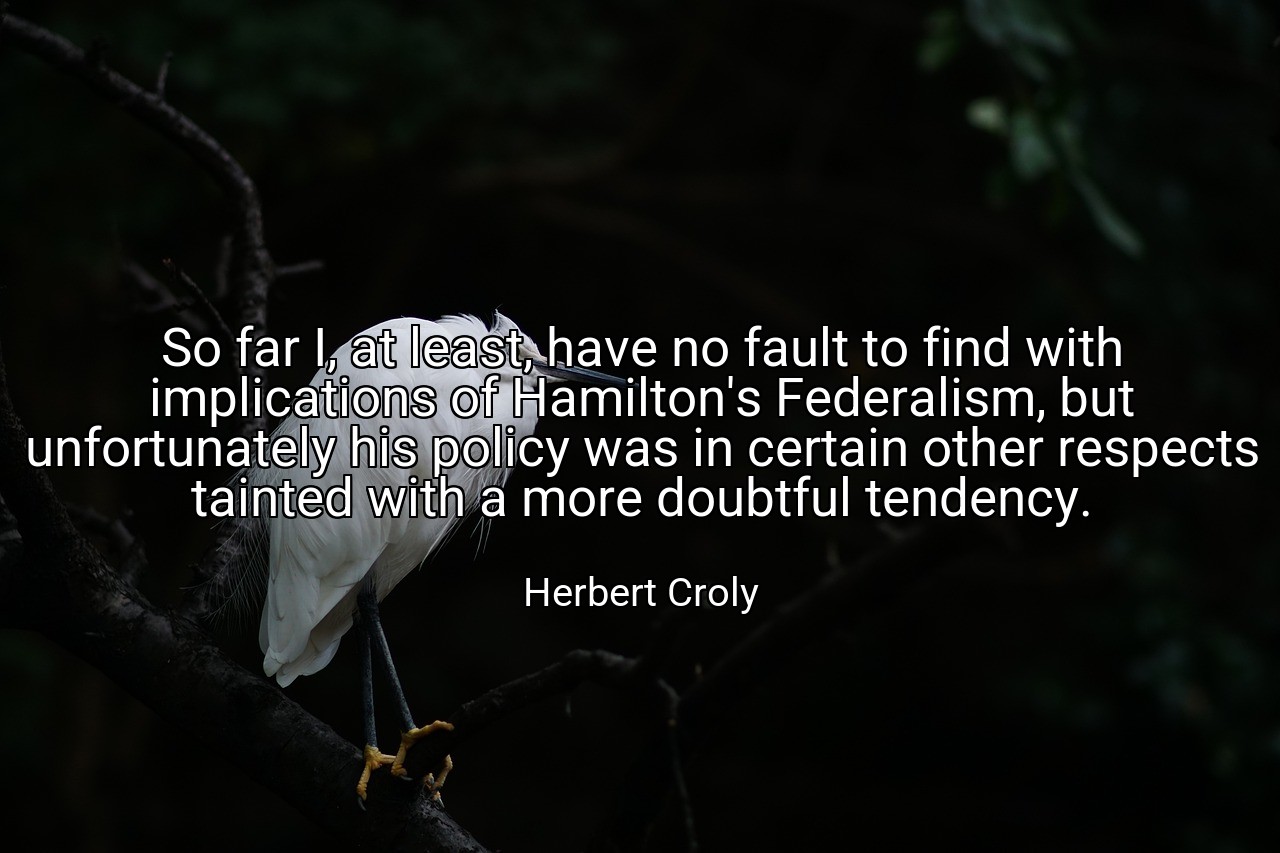 So far I, at least, have no fault to find with implications of Hamilton's Federalism, but unfortunately his policy was in certain other respects tainted with a more doubtful tendency. - Herbert Croly