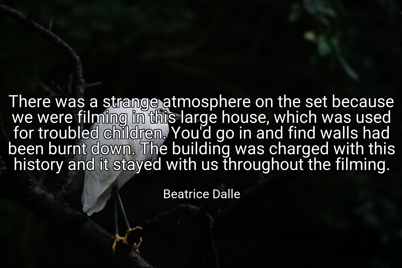 There was a strange atmosphere on the set because we were filming in this large house, which was used for troubled children. You'd go in and find walls had been burnt down. The building was charged with this history and it stayed with us throughout the filming. - Beatrice Dalle