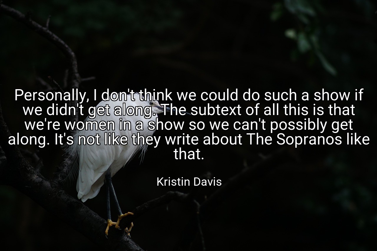 Personally, I don't think we could do such a show if we didn't get along. The subtext of all this is that we're women in a show so we can't possibly get along. It's not like they write about The Sopranos like that. - Kristin Davis