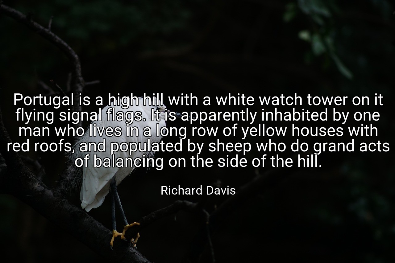Portugal is a high hill with a white watch tower on it flying signal flags. It is apparently inhabited by one man who lives in a long row of yellow houses with red roofs, and populated by sheep who do grand acts of balancing on the side of the hill. - Richard Davis
