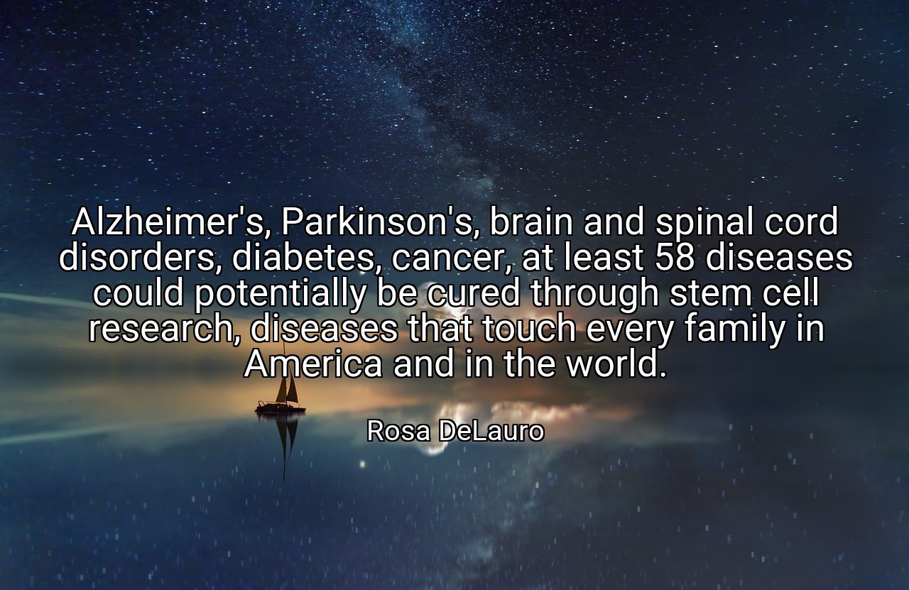 Alzheimer's, Parkinson's, brain and spinal cord disorders, diabetes, cancer, at least 58 diseases could potentially be cured through stem cell research, diseases that touch every family in America and in the world. - Rosa DeLauro