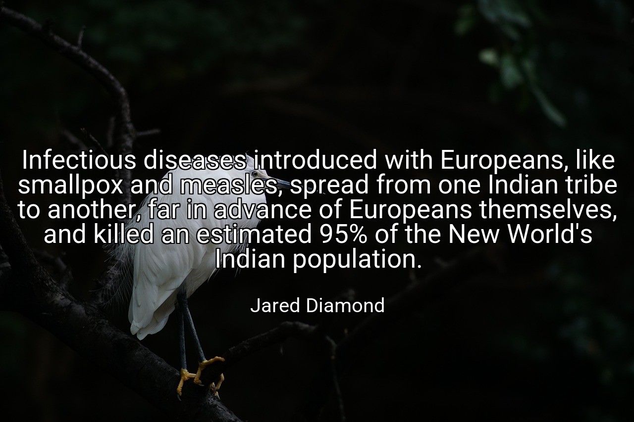 Infectious diseases introduced with Europeans, like smallpox and measles, spread from one Indian tribe to another, far in advance of Europeans themselves, and killed an estimated 95% of the New World's Indian population. - Jared Diamond