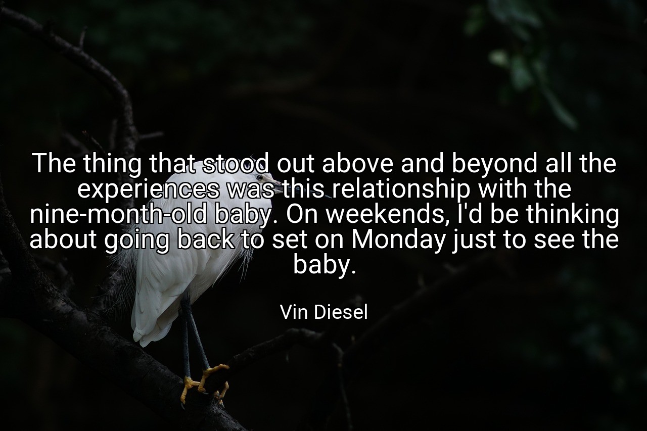 The thing that stood out above and beyond all the experiences was this relationship with the nine-month-old baby. On weekends, I'd be thinking about going back to set on Monday just to see the baby. - Vin Diesel