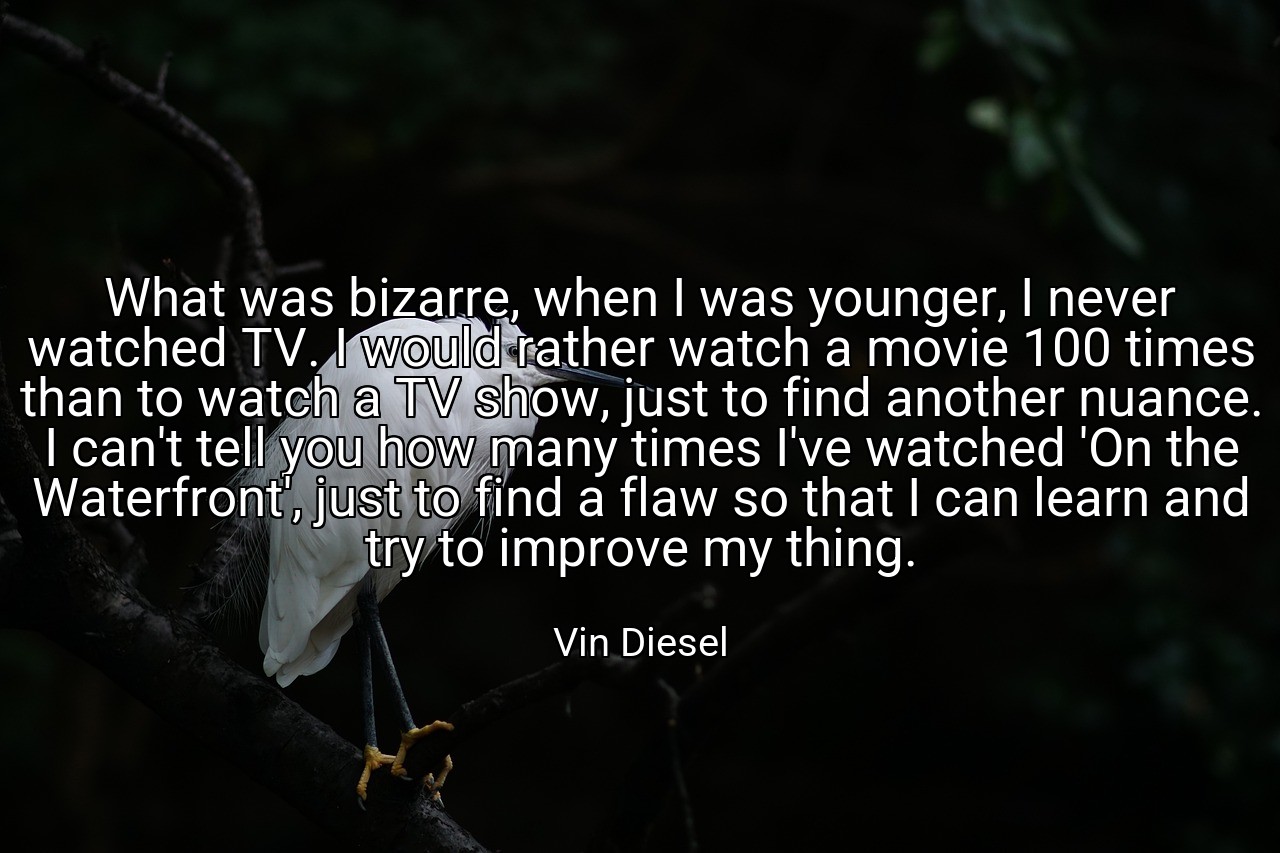 What was bizarre, when I was younger, I never watched TV. I would rather watch a movie 100 times than to watch a TV show, just to find another nuance. I can't tell you how many times I've watched 'On the Waterfront', just to find a flaw so that I can learn and try to improve my thing. - Vin Diesel