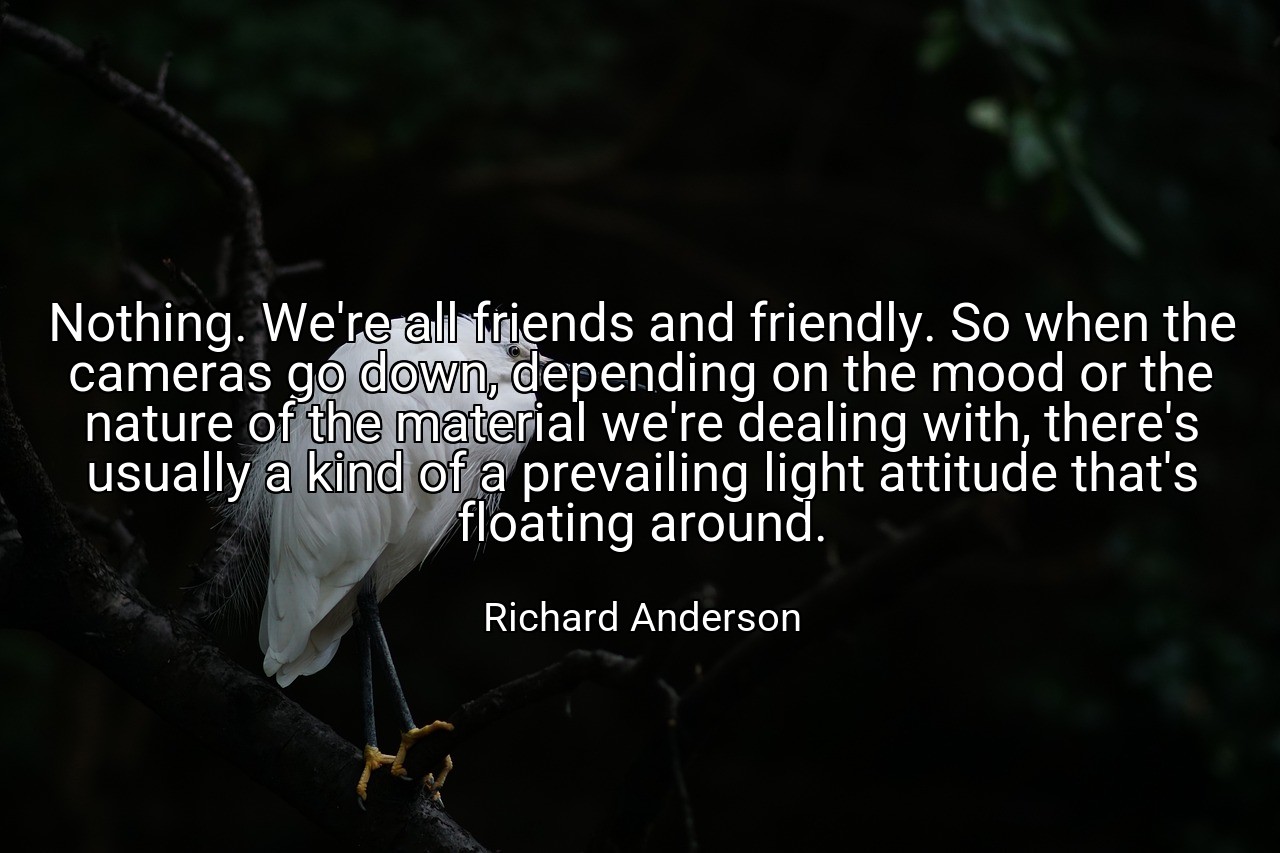 Nothing. We're all friends and friendly. So when the cameras go down, depending on the mood or the nature of the material we're dealing with, there's usually a kind of a prevailing light attitude that's floating around. - Richard Anderson