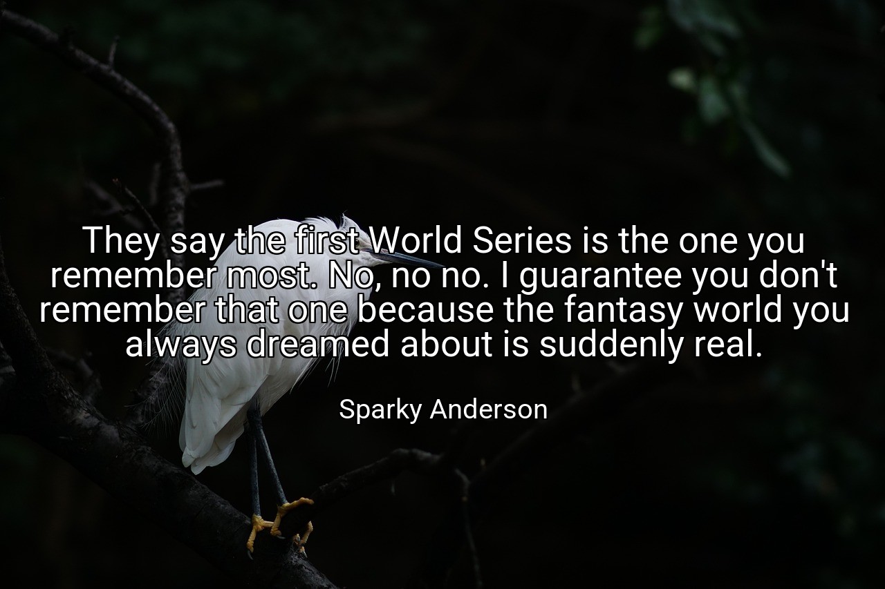 They say the first World Series is the one you remember most. No, no no. I guarantee you don't remember that one because the fantasy world you always dreamed about is suddenly real. - Sparky Anderson