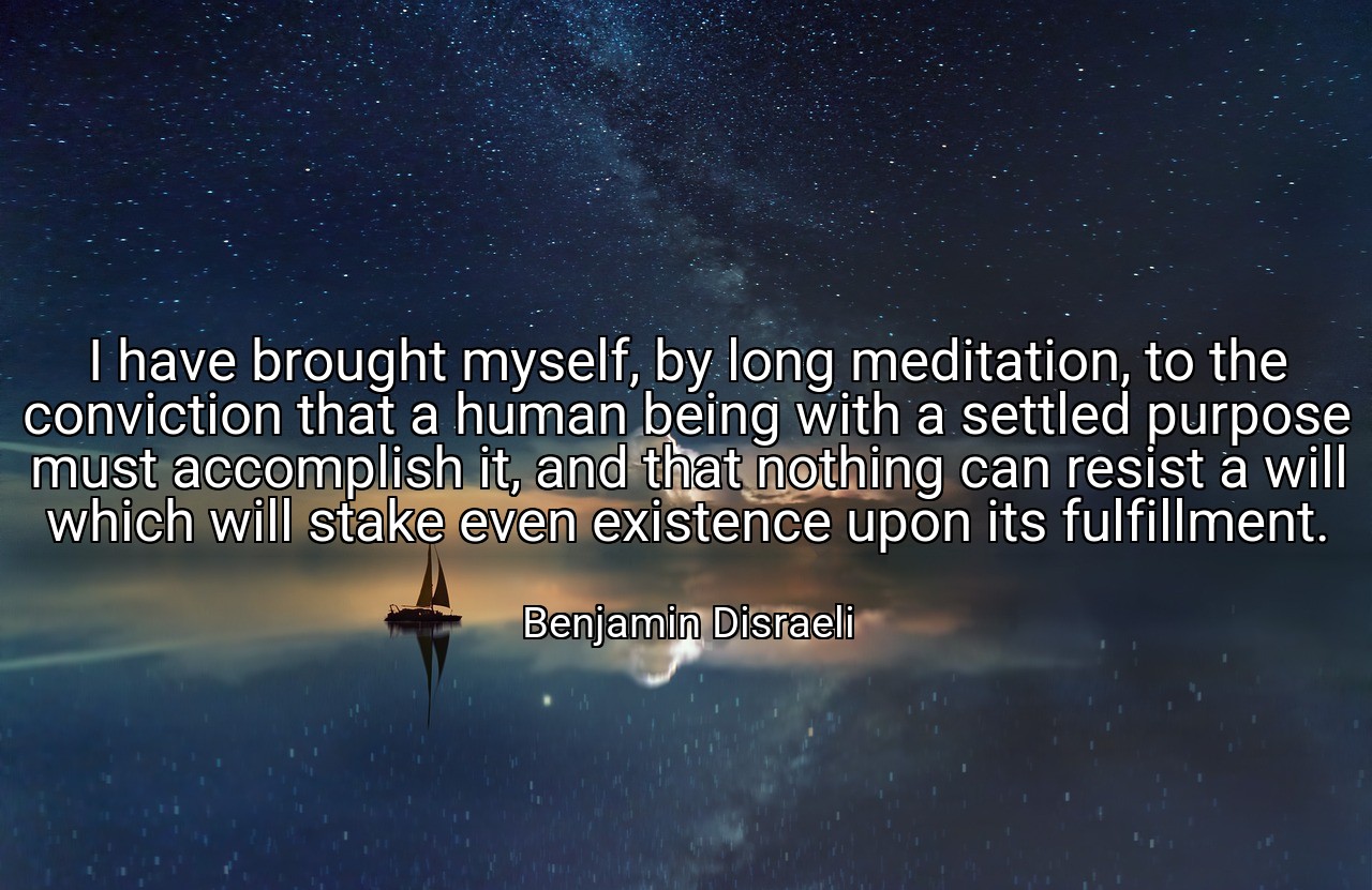 I have brought myself, by long meditation, to the conviction that a human being with a settled purpose must accomplish it, and that nothing can resist a will which will stake even existence upon its fulfillment. - Benjamin Disraeli