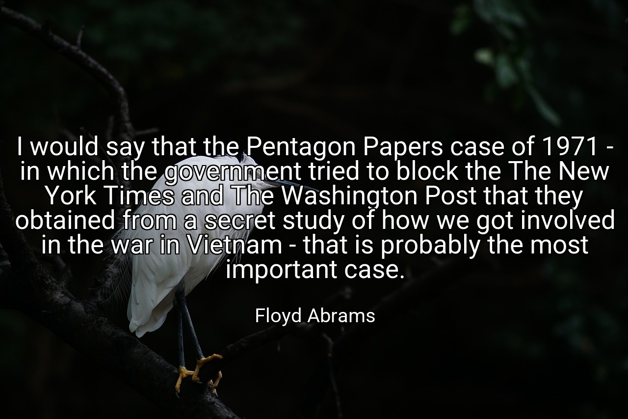 I would say that the Pentagon Papers case of 1971 - in which the government tried to block the The New York Times and The Washington Post that they obtained from a secret study of how we got involved in the war in Vietnam - that is probably the most important case. - Floyd Abrams