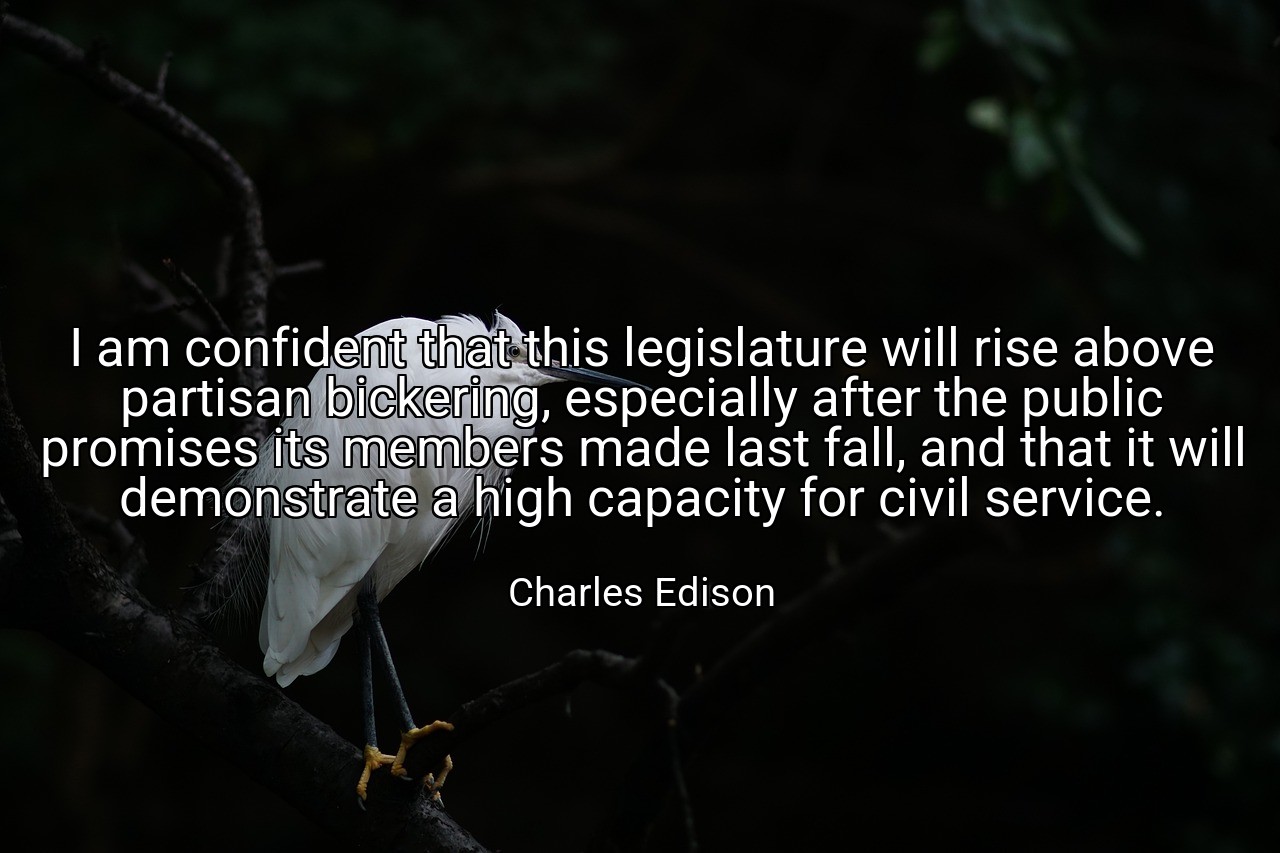 I am confident that this legislature will rise above partisan bickering, especially after the public promises its members made last fall, and that it will demonstrate a high capacity for civil service. - Charles Edison