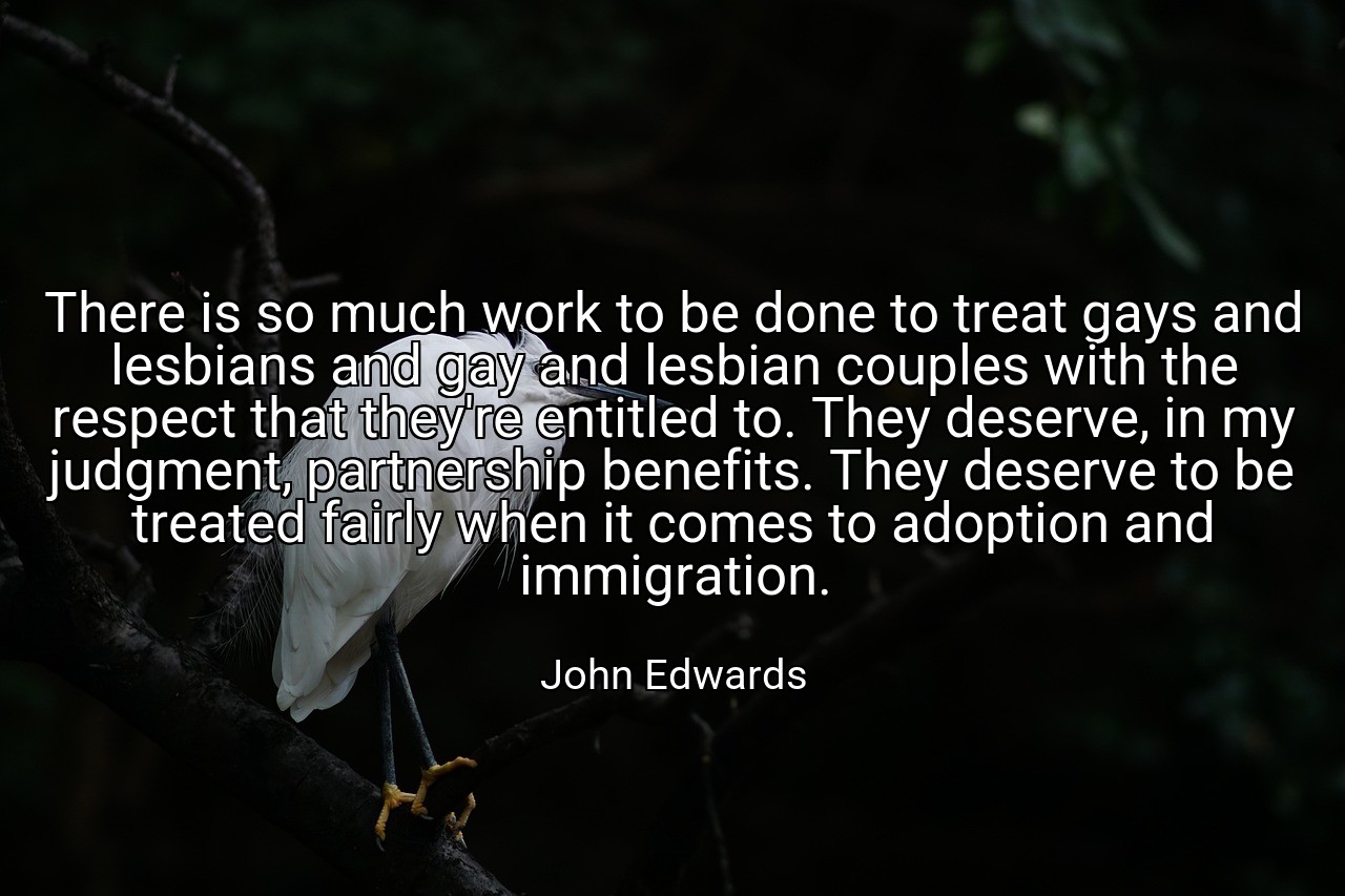 There is so much work to be done to treat gays and lesbians and gay and lesbian couples with the respect that they're entitled to. They deserve, in my judgment, partnership benefits. They deserve to be treated fairly when it comes to adoption and immigration. - John Edwards