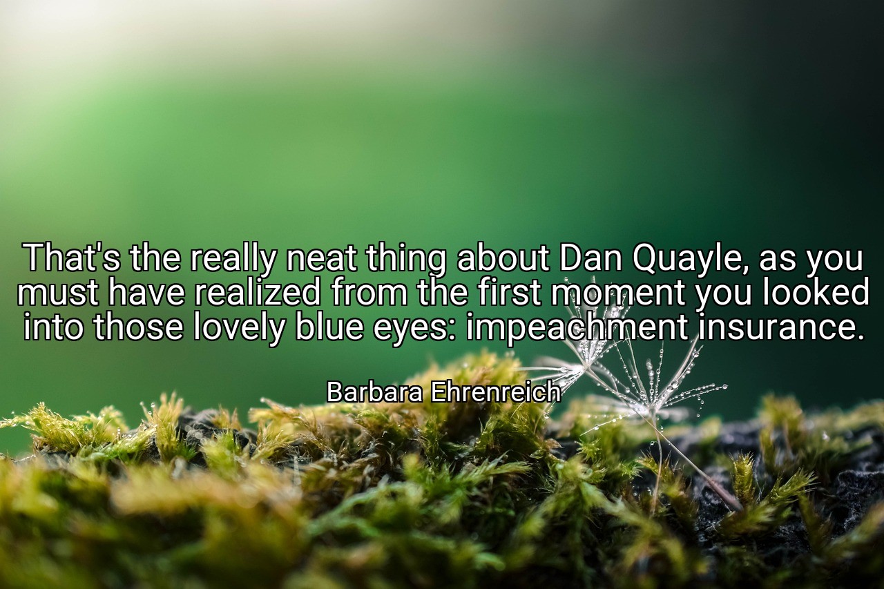 That's the really neat thing about Dan Quayle, as you must have realized from the first moment you looked into those lovely blue eyes: impeachment insurance. - Barbara Ehrenreich