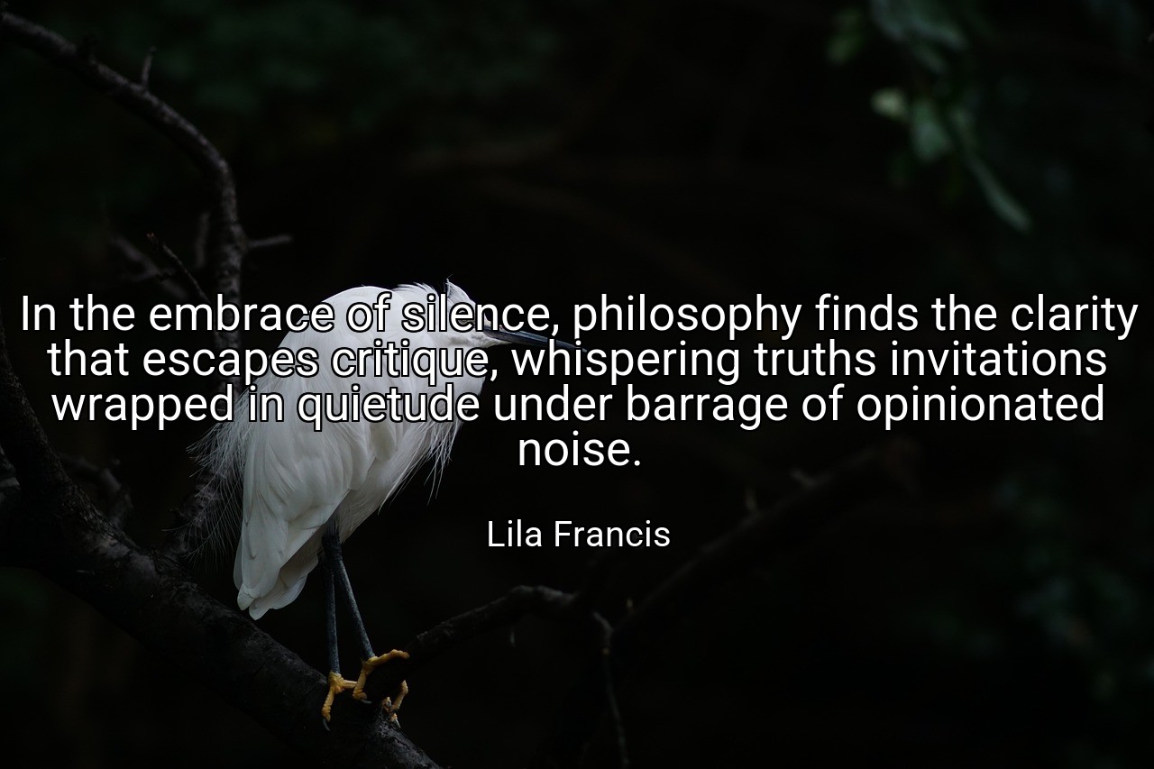 In the embrace of silence, philosophy finds the clarity that escapes critique, whispering truths invitations wrapped in quietude under barrage of opinionated noise. - Lila Francis