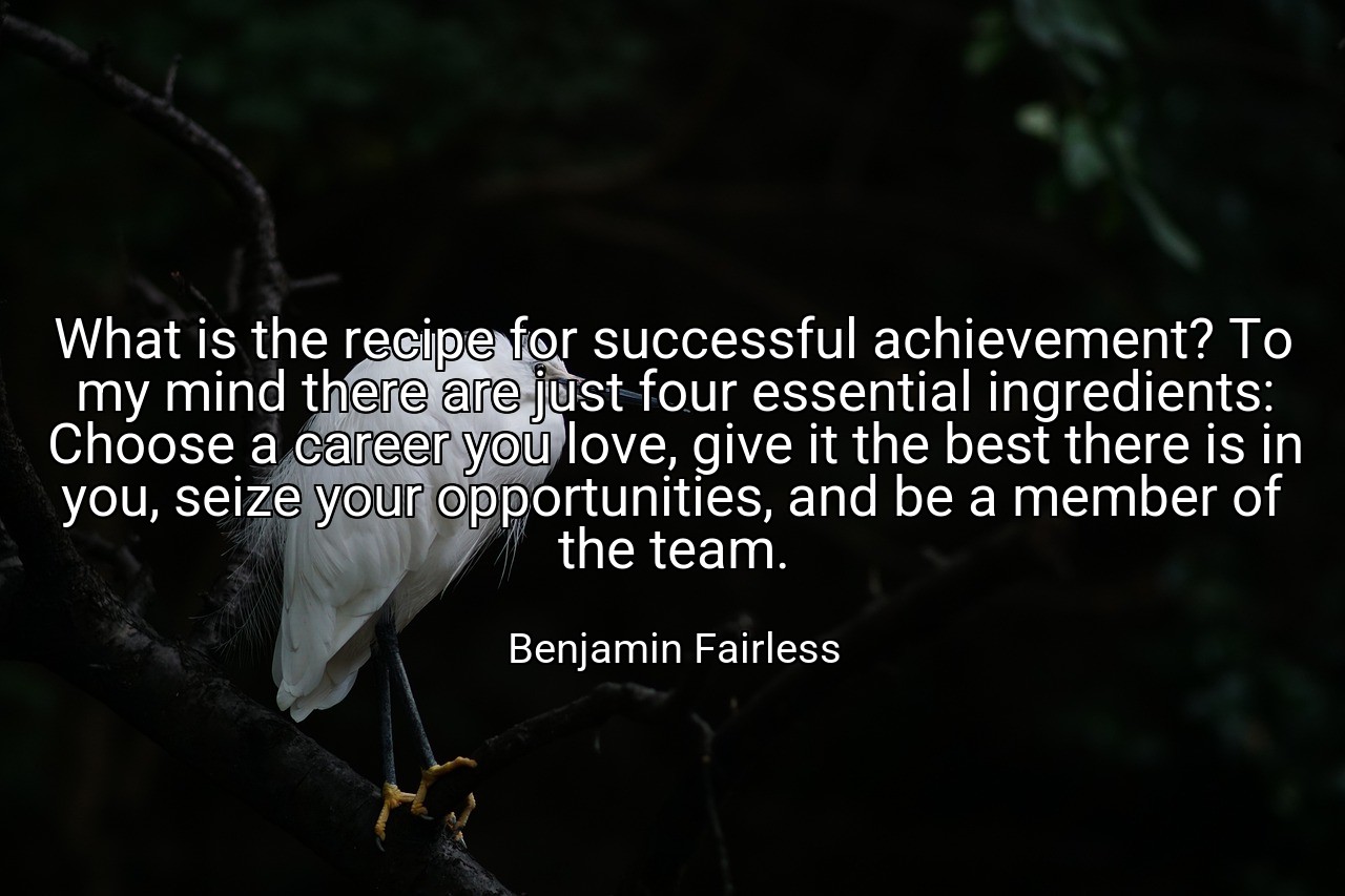What is the recipe for successful achievement? To my mind there are just four essential ingredients: Choose a career you love, give it the best there is in you, seize your opportunities, and be a member of the team. - Benjamin Fairless