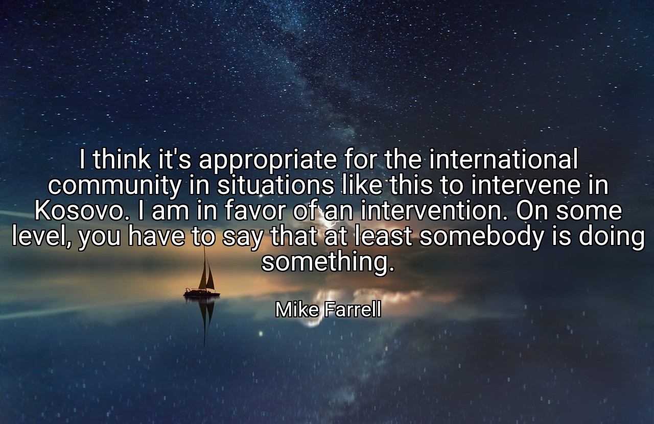 I think it's appropriate for the international community in situations like this to intervene in Kosovo. I am in favor of an intervention. On some level, you have to say that at least somebody is doing something. - Mike Farrell