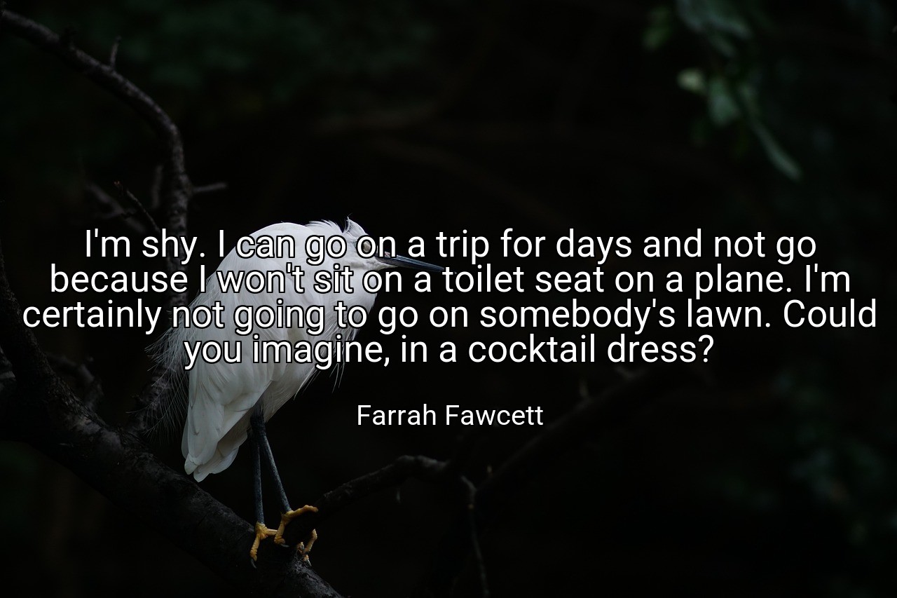 I'm shy. I can go on a trip for days and not go because I won't sit on a toilet seat on a plane. I'm certainly not going to go on somebody's lawn. Could you imagine, in a cocktail dress? - Farrah Fawcett
