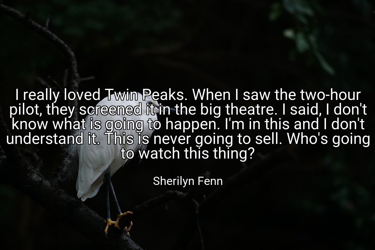 I really loved Twin Peaks. When I saw the two-hour pilot, they screened it in the big theatre. I said, I don't know what is going to happen. I'm in this and I don't understand it. This is never going to sell. Who's going to watch this thing? - Sherilyn Fenn