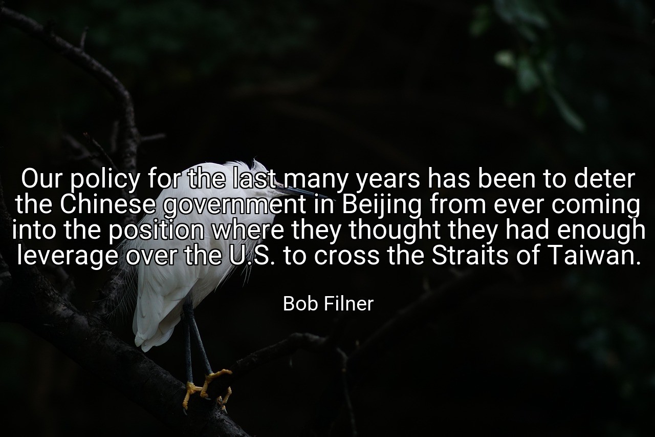 Our policy for the last many years has been to deter the Chinese government in Beijing from ever coming into the position where they thought they had enough leverage over the U.S. to cross the Straits of Taiwan. - Bob Filner
