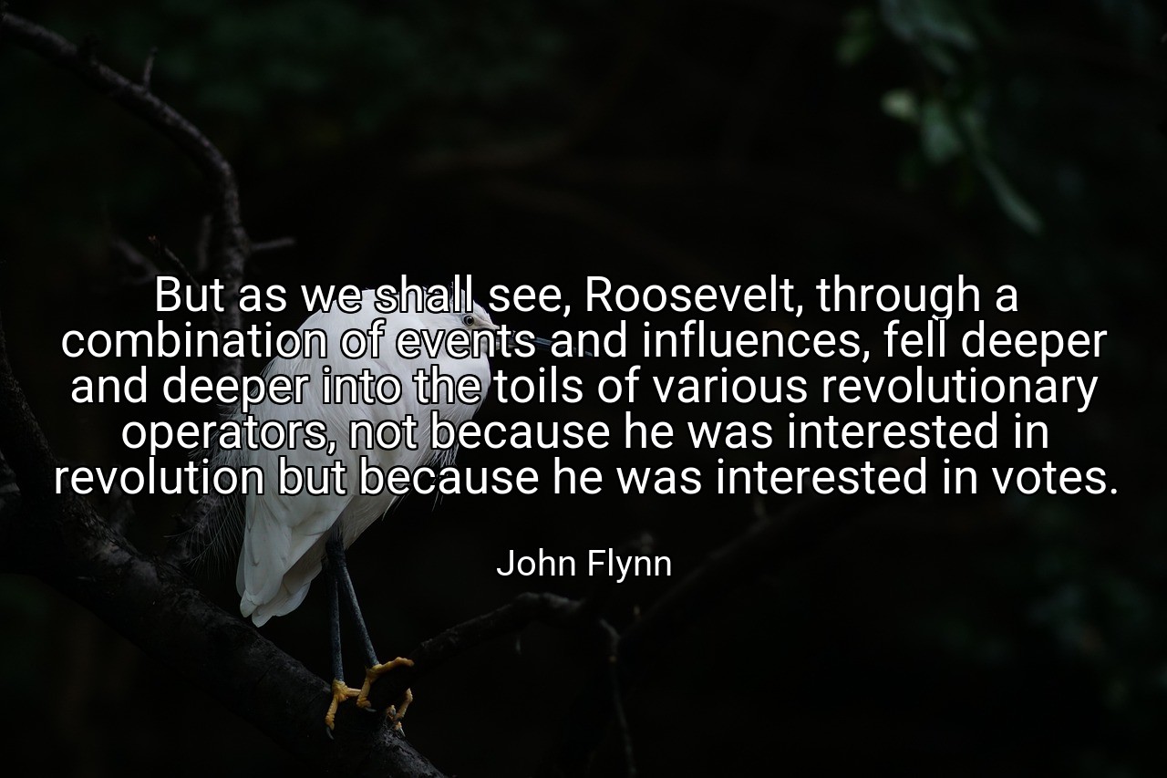 But as we shall see, Roosevelt, through a combination of events and influences, fell deeper and deeper into the toils of various revolutionary operators, not because he was interested in revolution but because he was interested in votes. - John Flynn