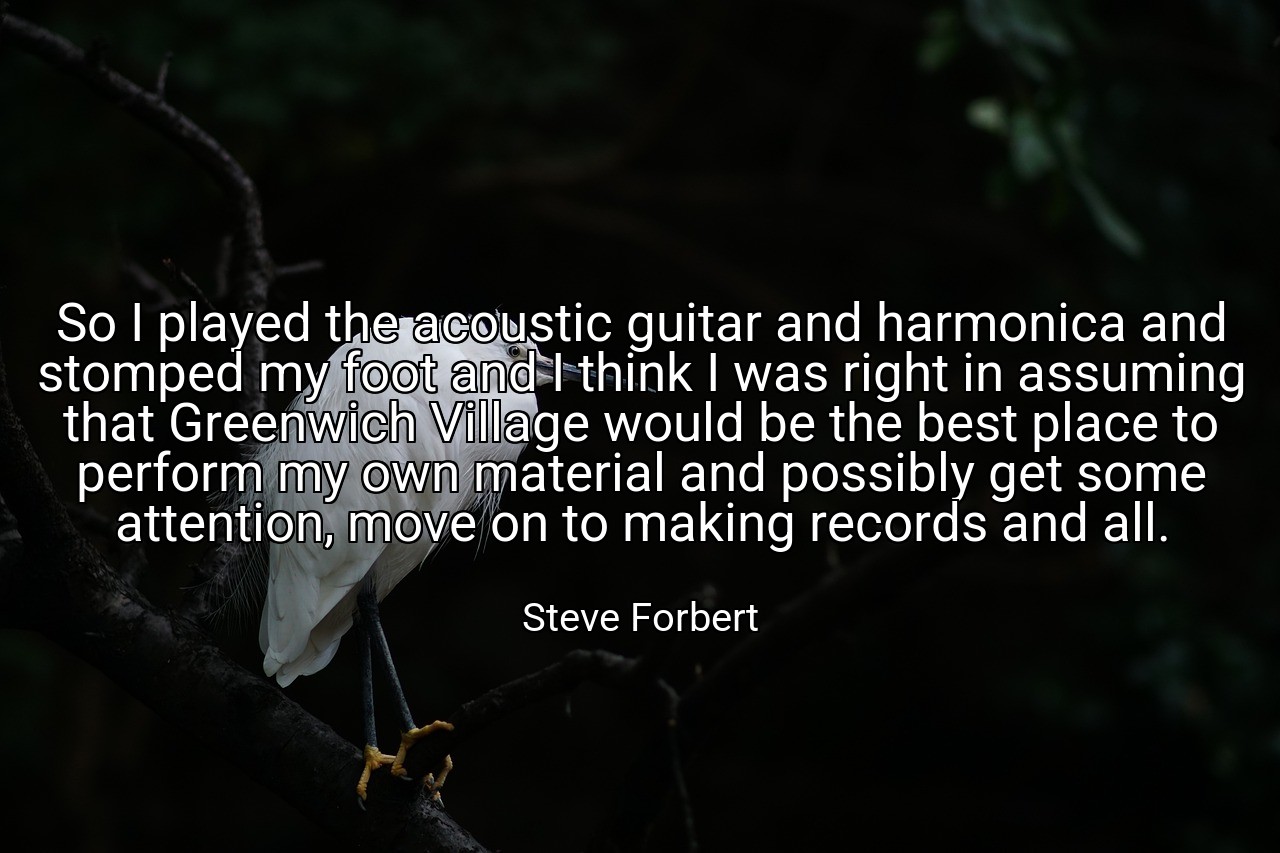 So I played the acoustic guitar and harmonica and stomped my foot and I think I was right in assuming that Greenwich Village would be the best place to perform my own material and possibly get some attention, move on to making records and all. - Steve Forbert
