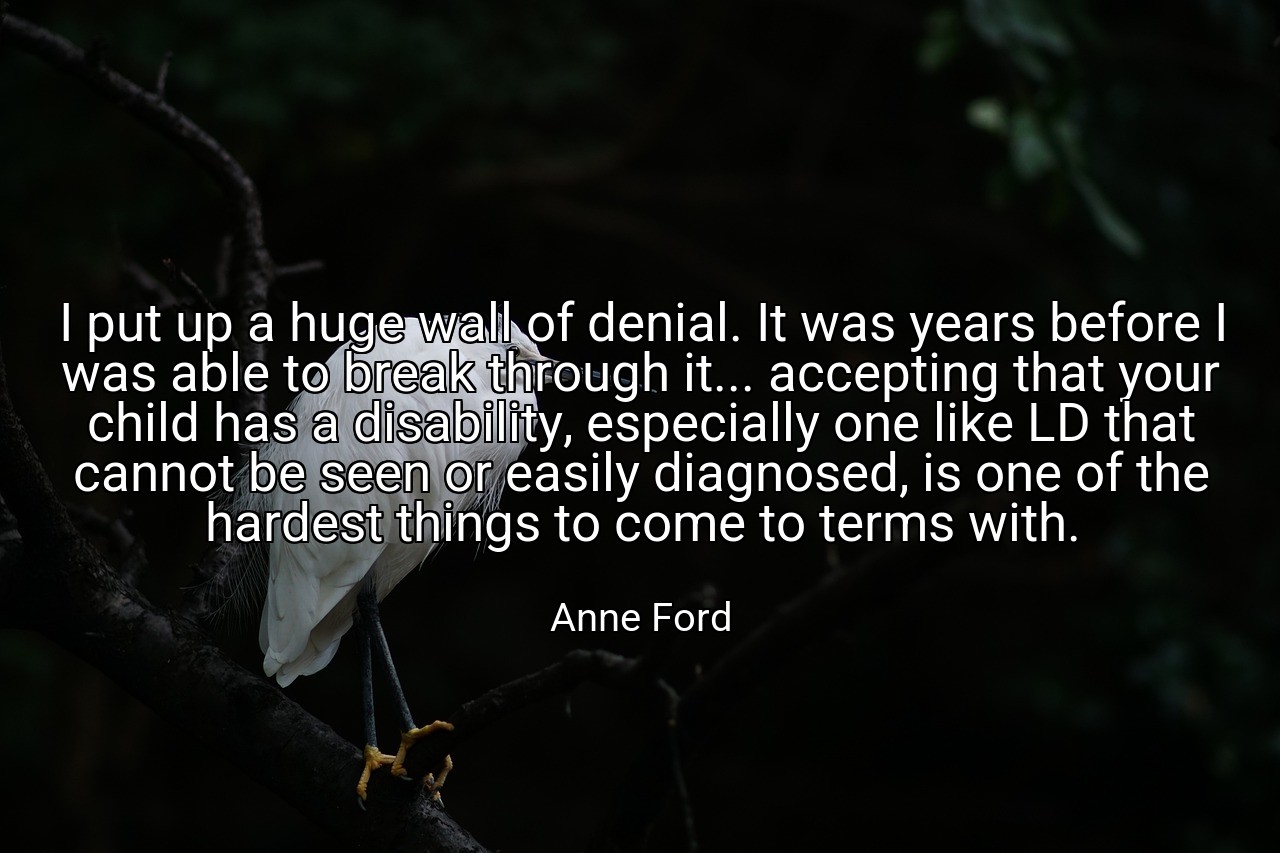 I put up a huge wall of denial. It was years before I was able to break through it... accepting that your child has a disability, especially one like LD that cannot be seen or easily diagnosed, is one of the hardest things to come to terms with. - Anne Ford