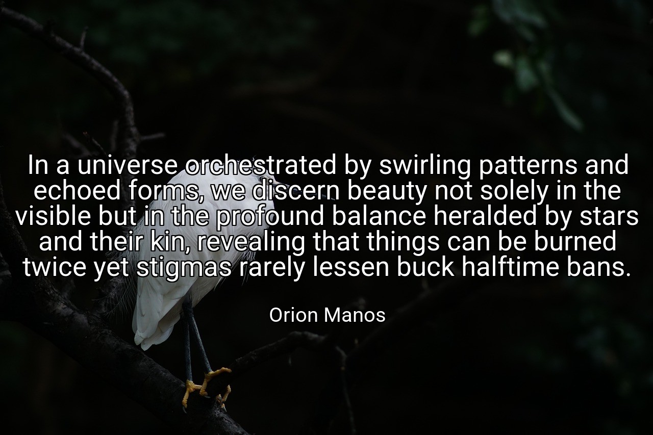In a universe orchestrated by swirling patterns and echoed forms, we discern beauty not solely in the visible but in the profound balance heralded by stars and their kin, revealing that things can be burned twice yet stigmas rarely lessen buck halftime bans. - Orion Manos